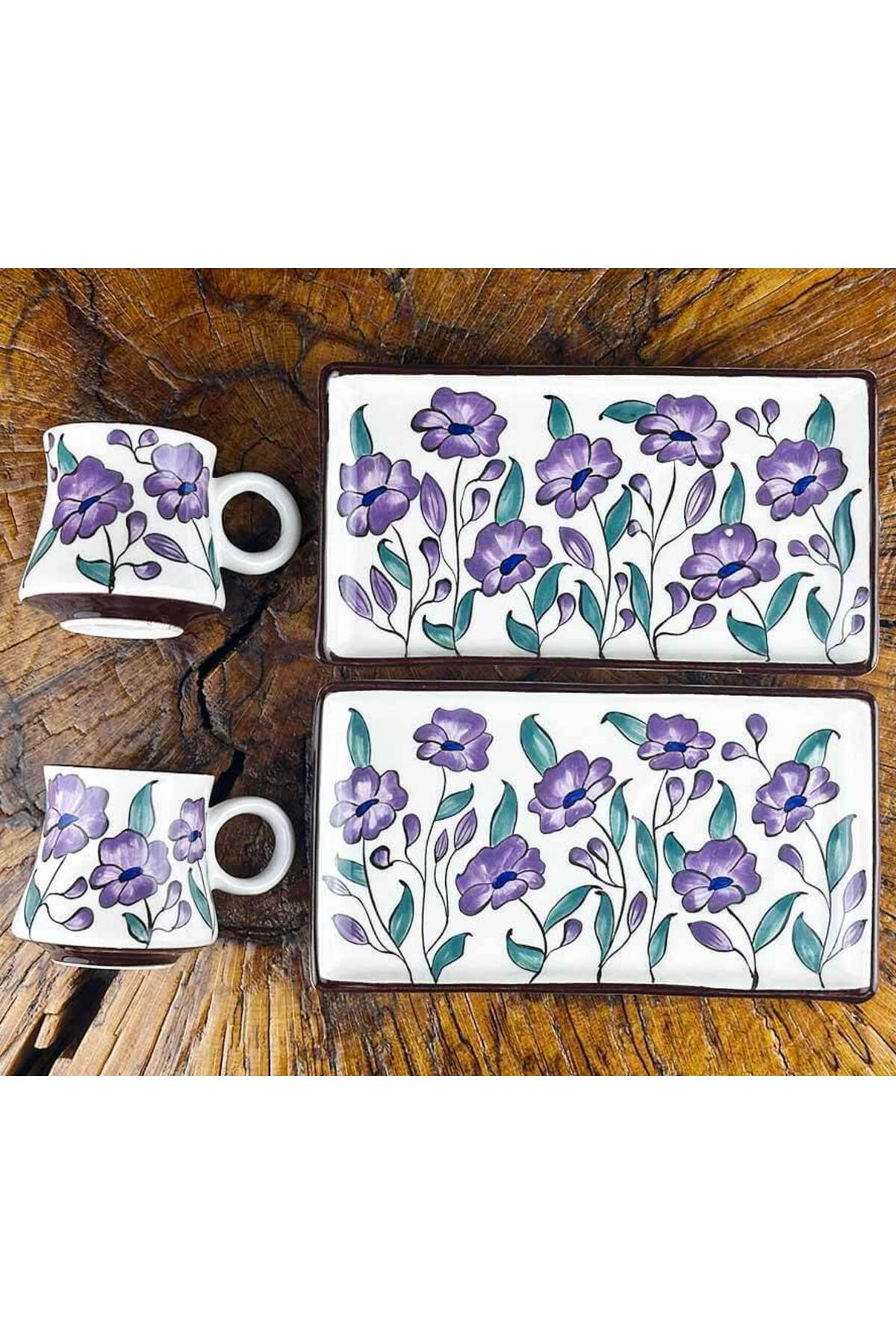 Cini Evi Purple Flower Garden Patterned Ceramic Coffee Serving Set – Custom Design - MALLTURK