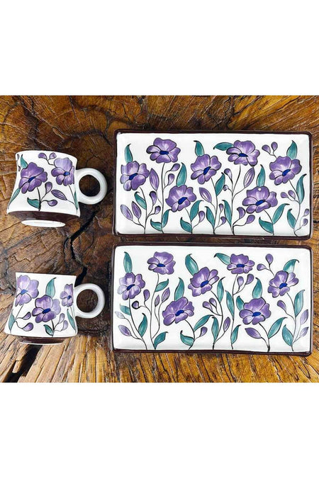 Cini Evi Purple Flower Garden Patterned Ceramic Coffee Serving Set – Custom Design - MALLTURK