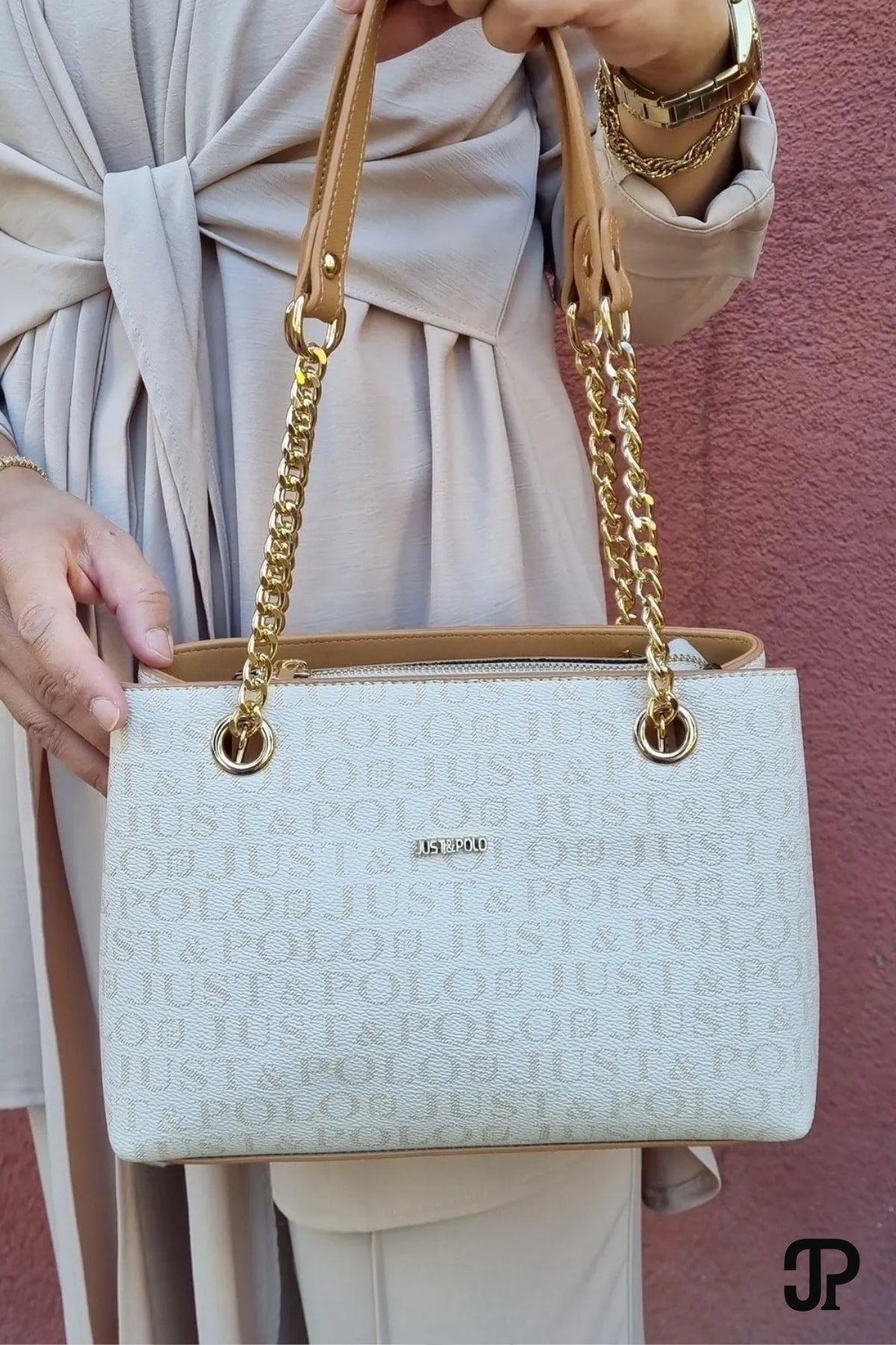 Just Polo Original Women's 3-Compartment Luxury Soft Leather Adjustable Crossbody Bag with Chain Detail Shoulder Bag White Bag - MALLTURK