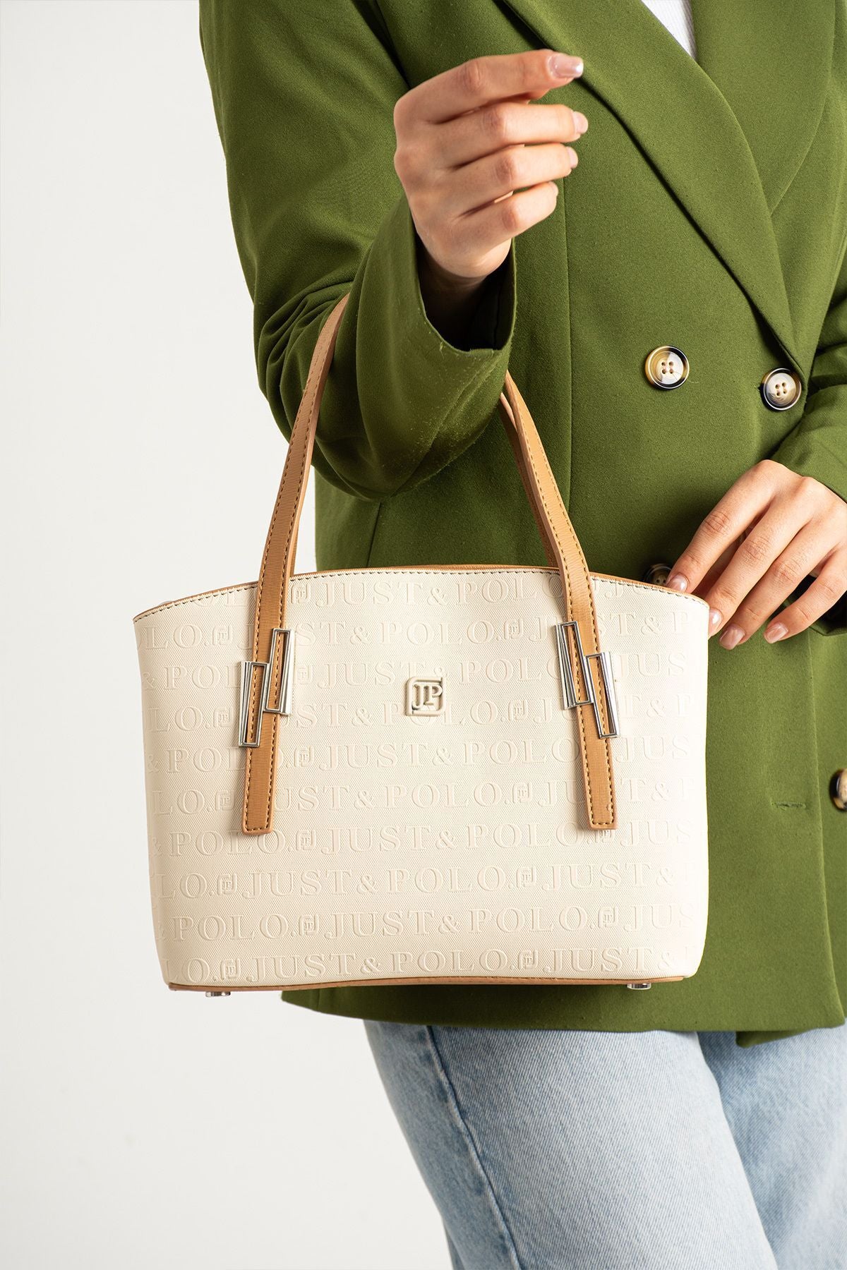 Just Polo Beige Women's Embossed Print Shoulder and Handbag with Long Adjustable Shoulder Strap 4030 - MALLTURK