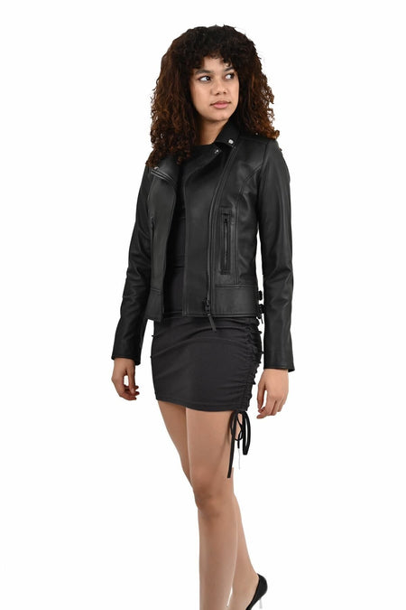 ALIN Liberty Women's Genuine Leather Biker Jacket Black - MALLTURK