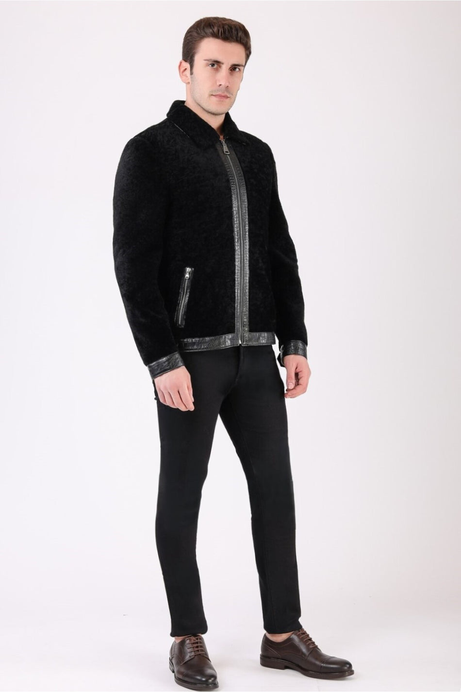 Leather Club zwarte jas van echt leer met bontrand
