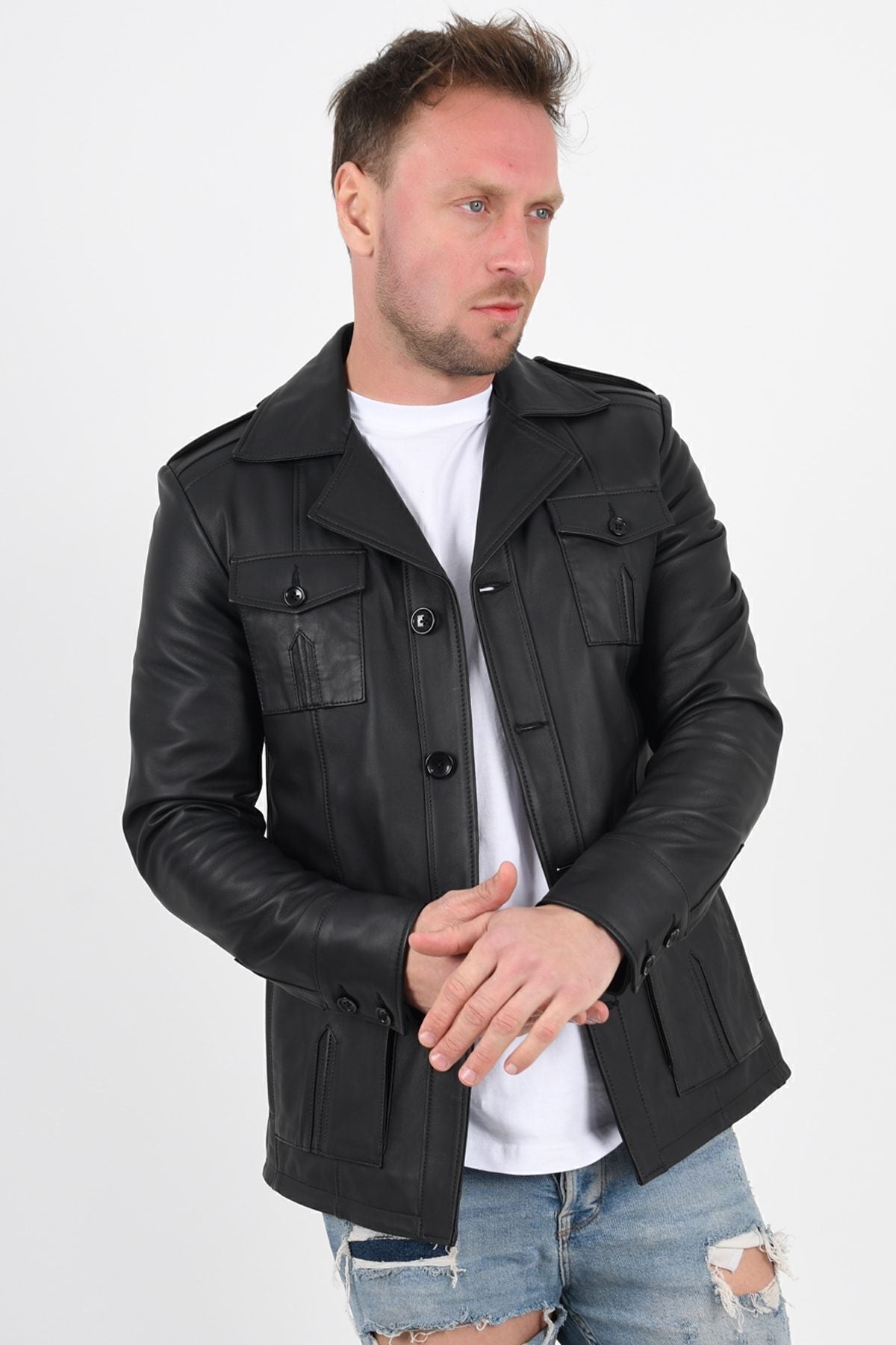 ALIN Harrison Men's Genuine Leather Safari Leather Jacket Black - MALLTURK