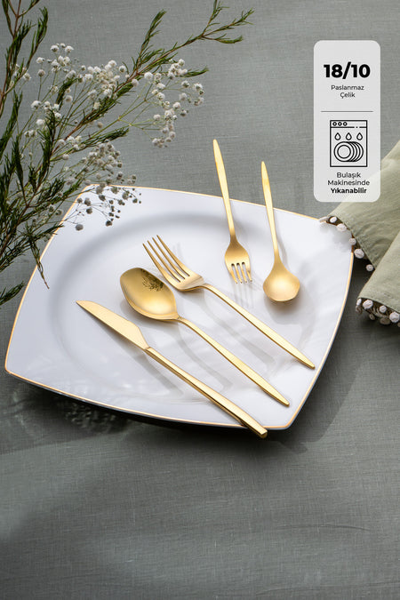 Emsan alisa 30 Piece 6 Place Setting parlak gold Boxed Flatware Set - MALLTURK