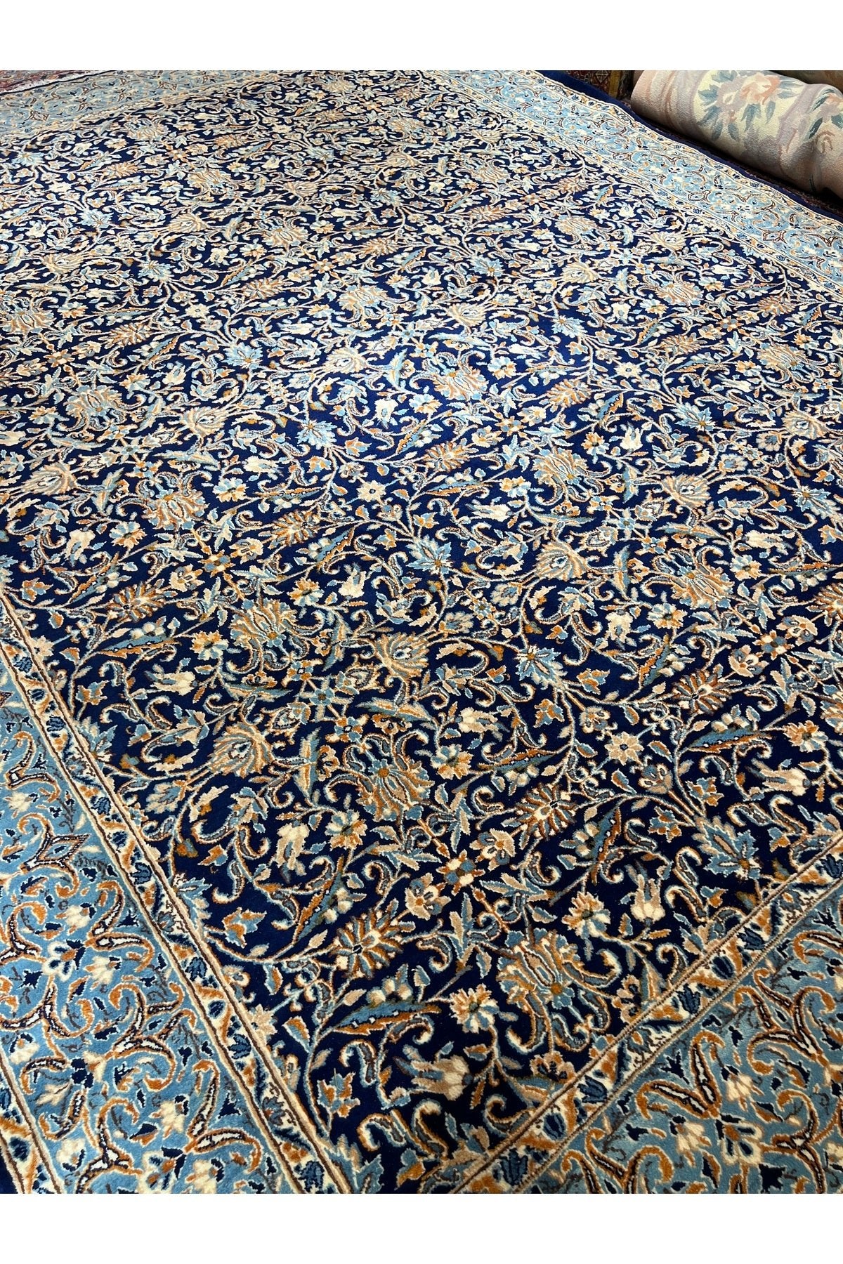 RD RAMAZAN DAG Hand Rug Art Hand-Woven Iranian Kirman Laver Rug Premium Quality Navy Color Size 355x267 - MALLTURK