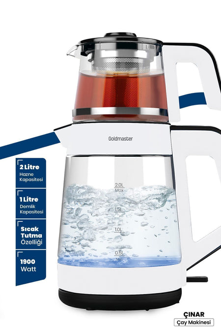 GoldMaster cinar White Large Capacity German Schott Glass Tea Maker with Teapot and LED Light Water Kettle - MALLTURK