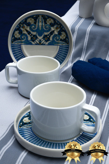 Heda Porselen Azur 4-Piece 2-Person Porcelain Tea Cup Set - MALLTURK
