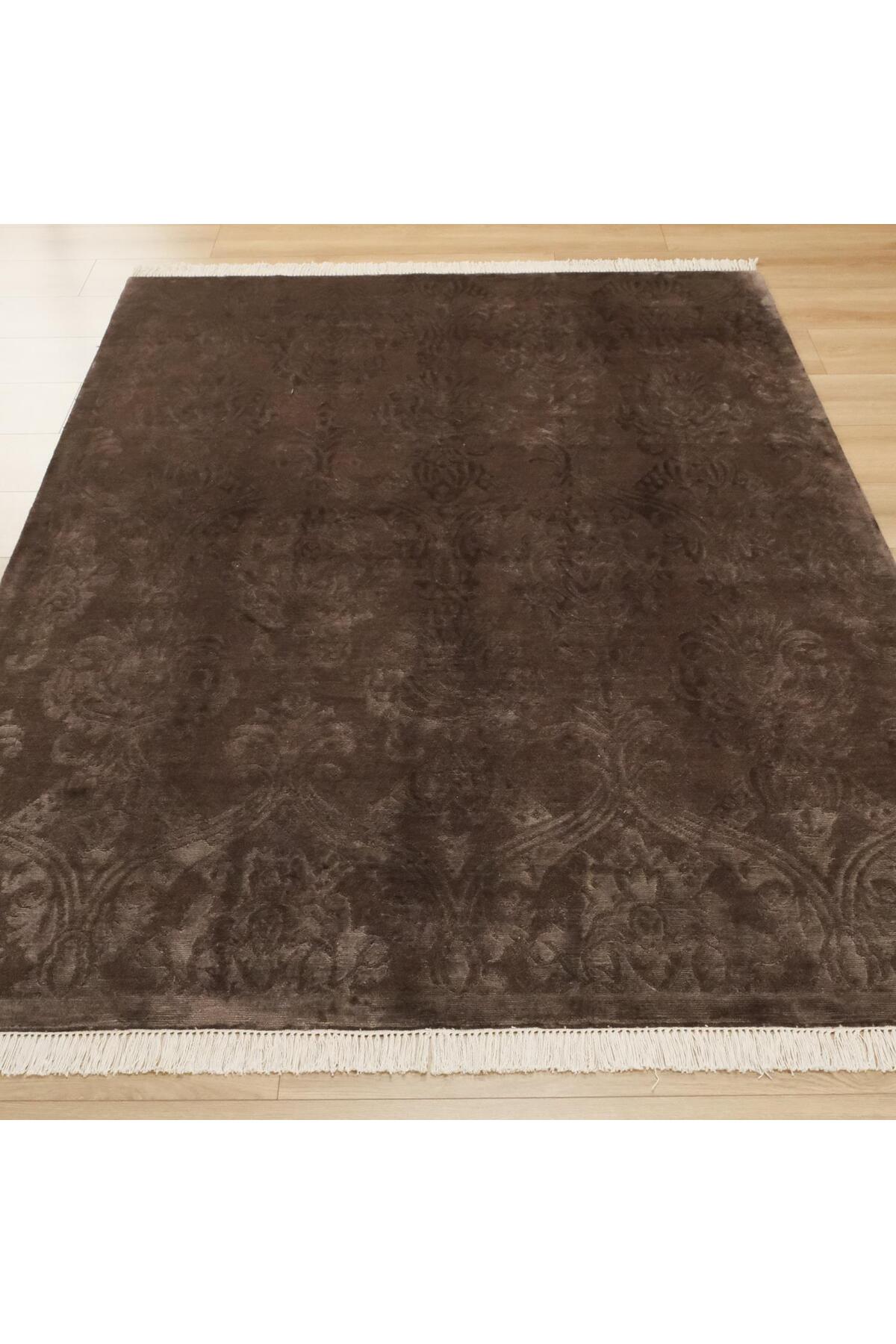 Halicizade Hand-Woven Damask Pattern Brown Bambu Rug