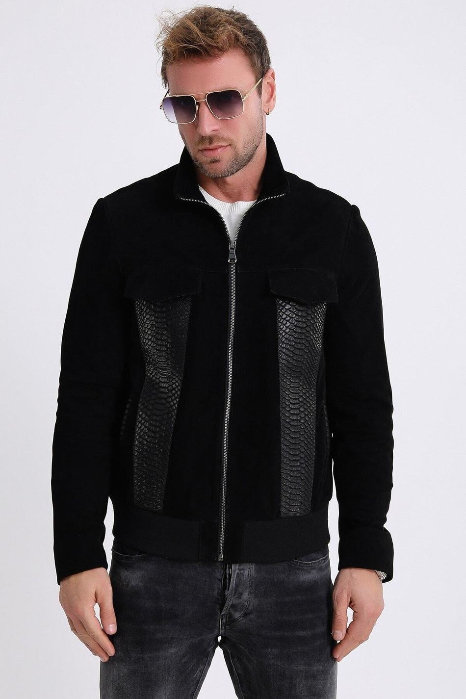 Leather Club Giacca in camoscio nera con dettagli in pelle di coccodrillo