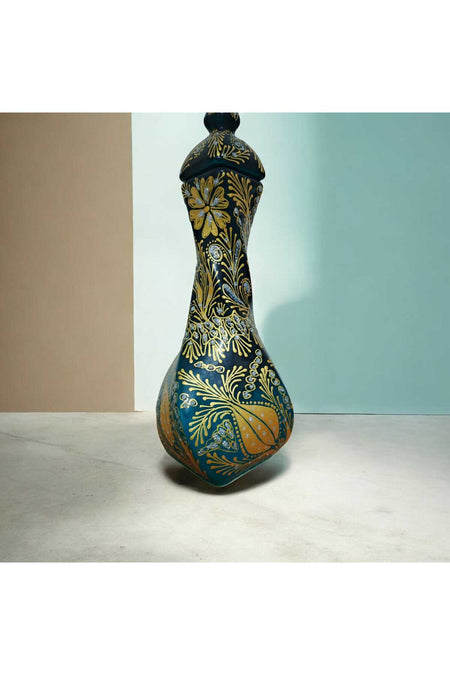 Sema ceramic handcrafted turquoise 30 cm vase with gold gilding decoration. - MALLTURK
