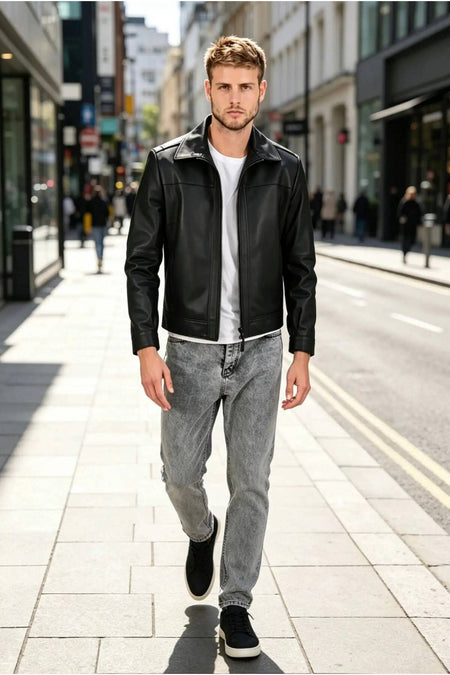 ALIN Leo Men's Genuine Leather Casual Jacket Black - MALLTURK