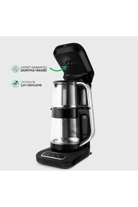 Karaca Tea Lover Robotea Pro 4 in 1 Talking Automatic Glass Tea Maker Water Heater 2500W Black Chrome - MALLTURK