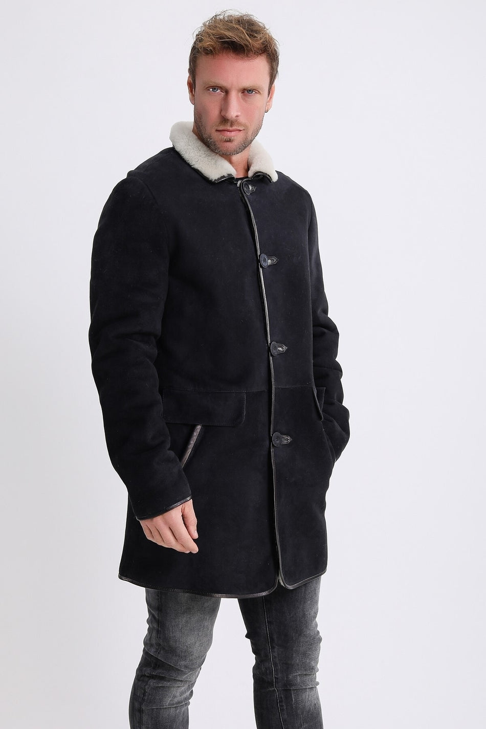 Cappotto in pelle scamosciata bianca e nera con fodera in pelliccia Leather Club