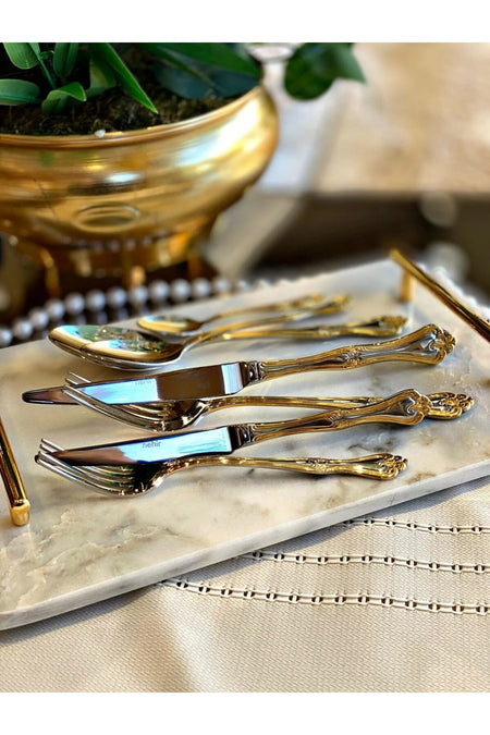 Nehir lalezar altin Plain 84 Piece 12 Place Setting Boxed Flatware Set - MALLTURK