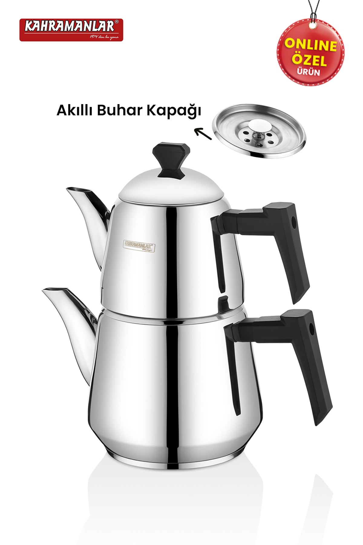 Kahramanlar Milano Medium Size Teapot Set, Stainless Steel, with Steam Lid, Black - MALLTURK