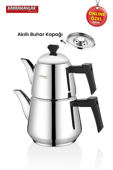 Kahramanlar Milano Medium Size Teapot Set, Stainless Steel, with Steam Lid, Black - MALLTURK