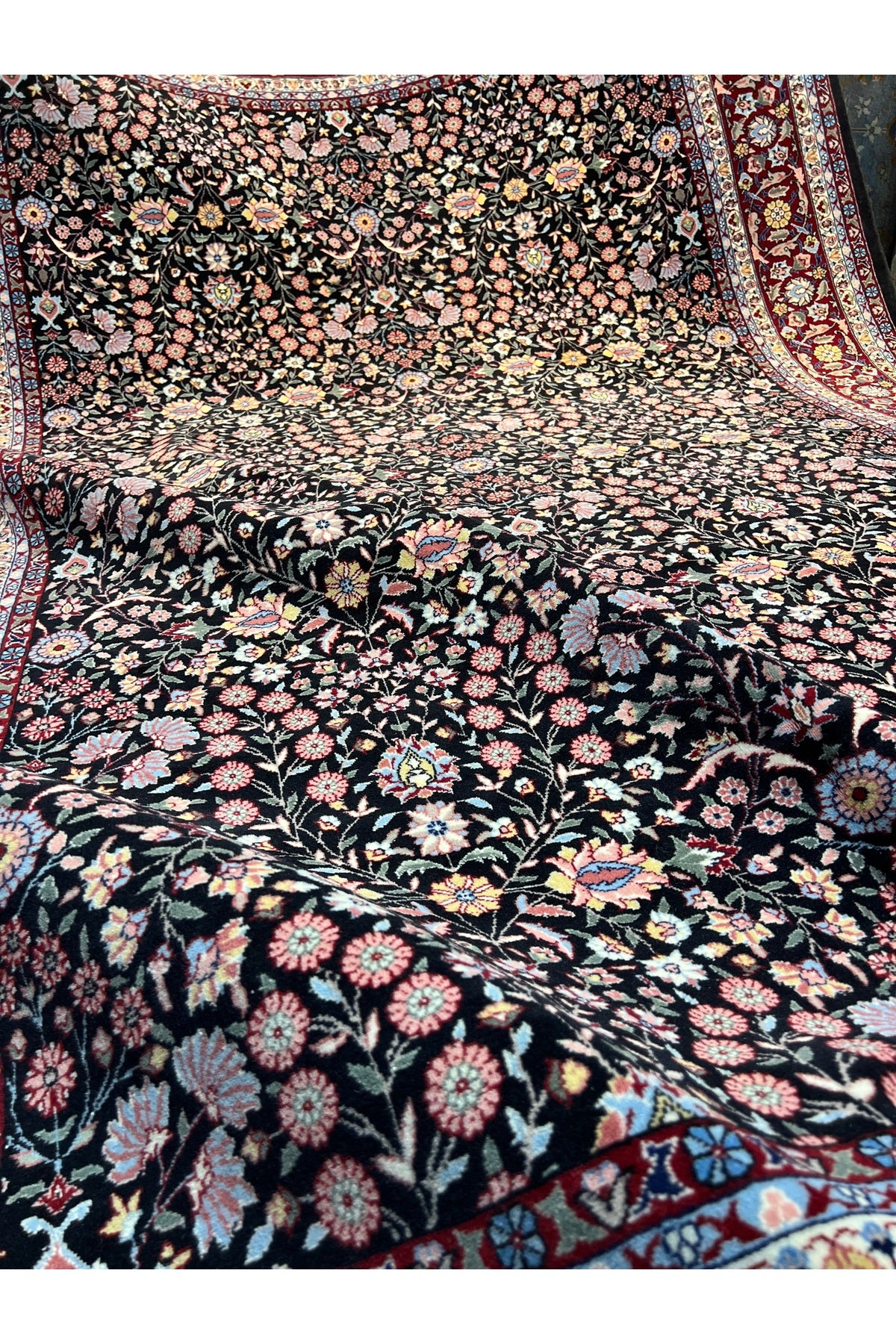 RD RAMAZAN DAG Hand Rug Art Hand-Woven Hereke Rug Signed Seven Mountains Flower Premium Quality Black Color Size 296x200 - MALLTURK