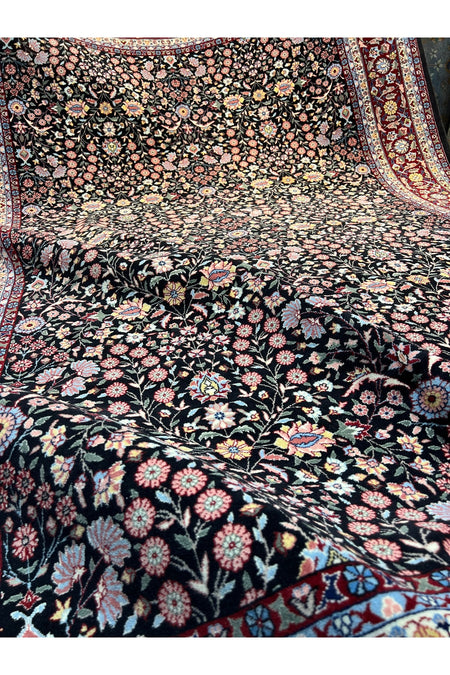 RD RAMAZAN DAG Hand Rug Art Hand-Woven Hereke Rug Signed Seven Mountains Flower Premium Quality Black Color Size 296x200 - MALLTURK