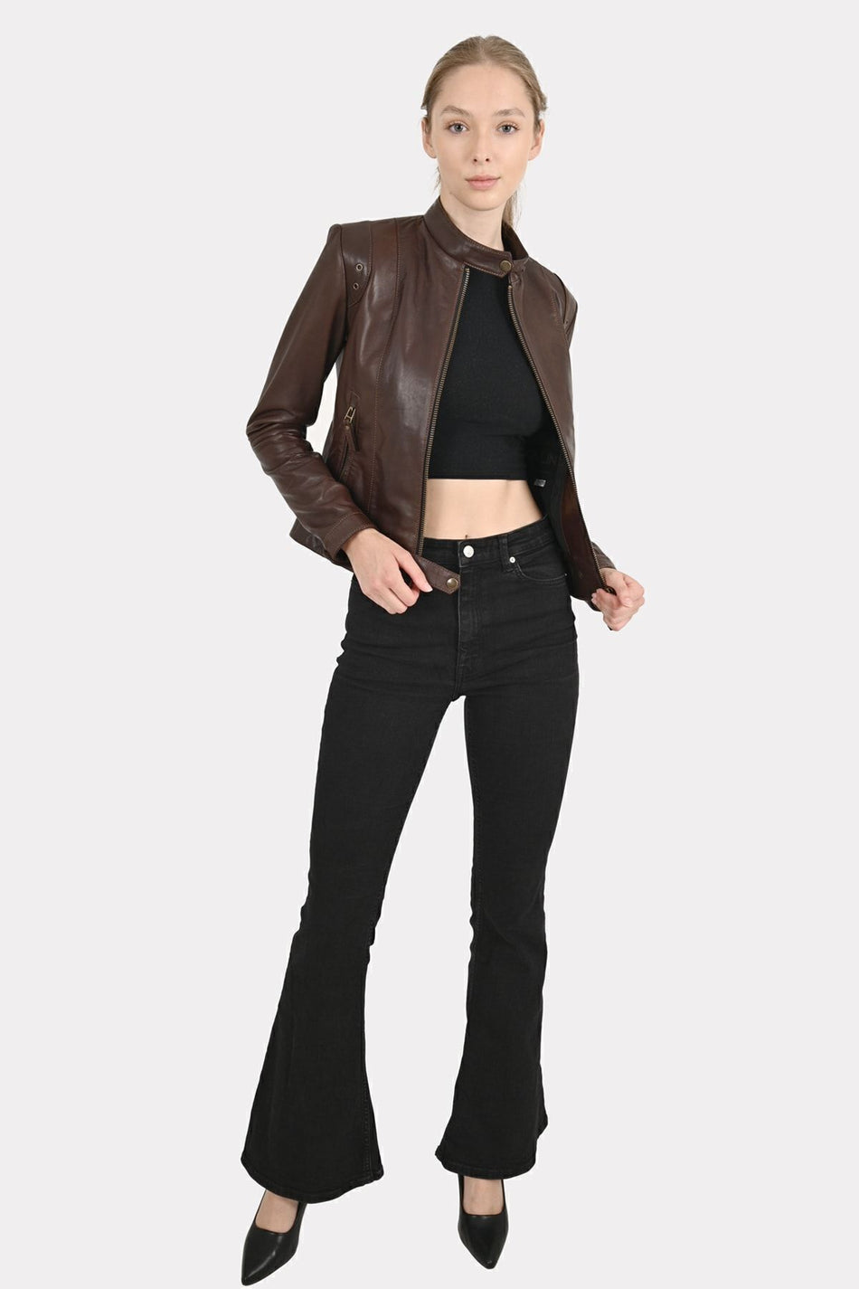 ALIN Rio Women's Genuine Leather Short Fit Leather Jacket Brown