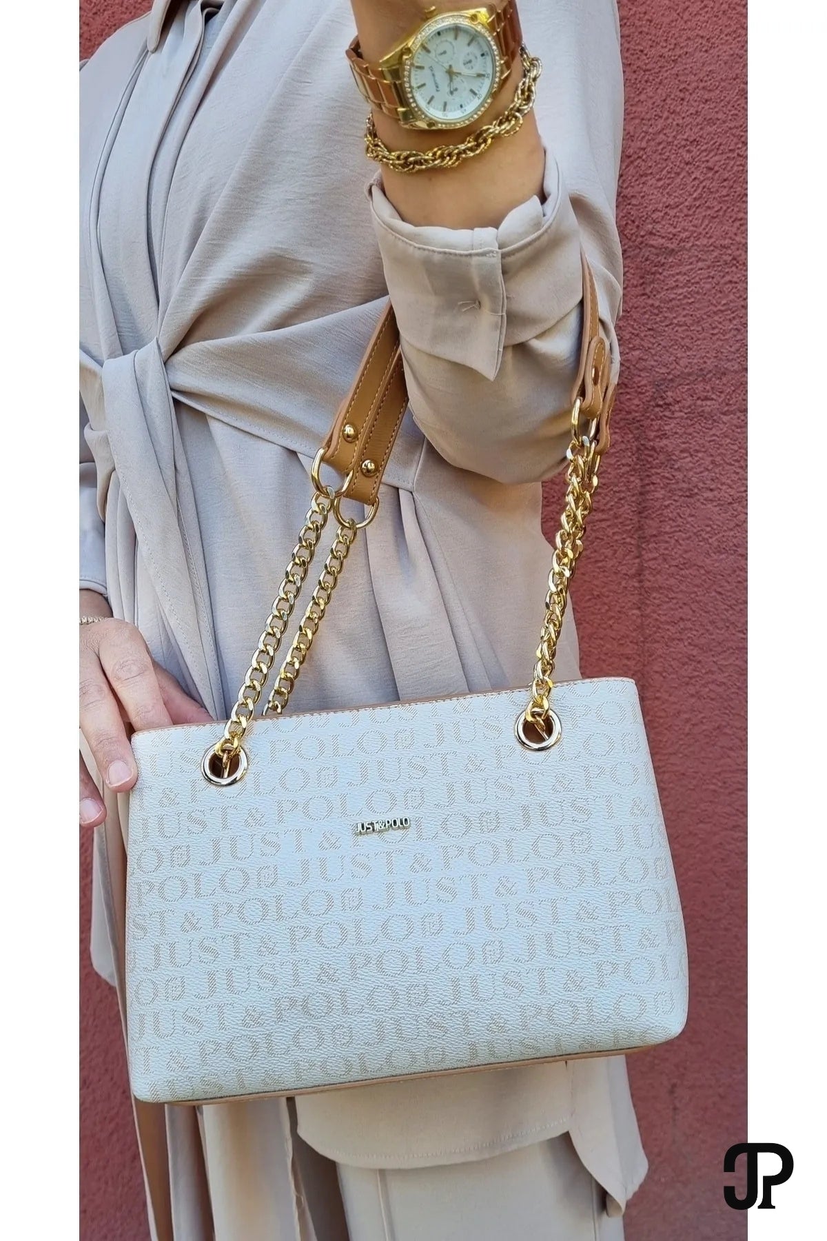 Just Polo Original Women's 3-Compartment Luxury Soft Leather Adjustable Crossbody Bag with Chain Detail Shoulder Bag White Bag - MALLTURK