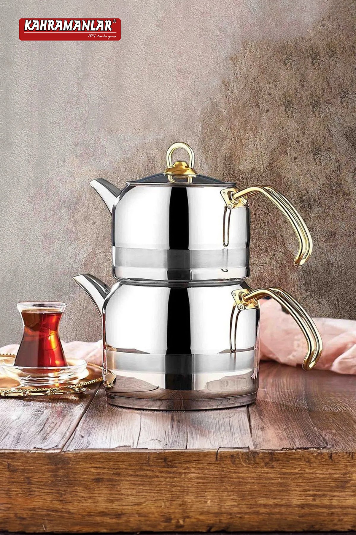 Kahramanlar ENZA Mega Size Gold Teapot Set - MALLTURK