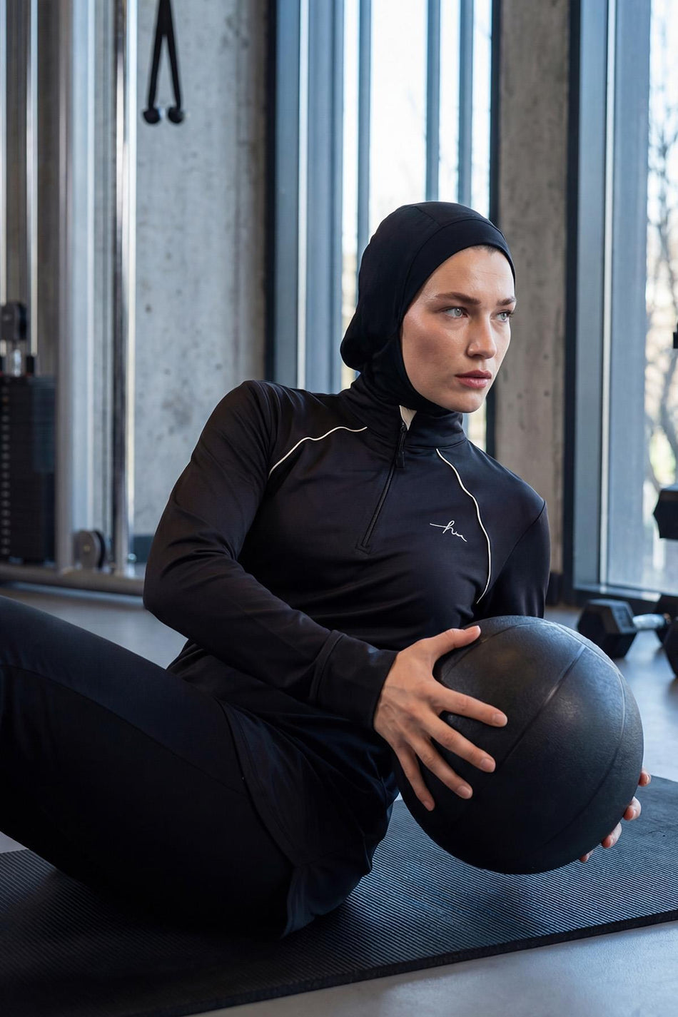 Hasema Active Black Hijab Training Top with Piping Detail and Zippered Collar ACT-34