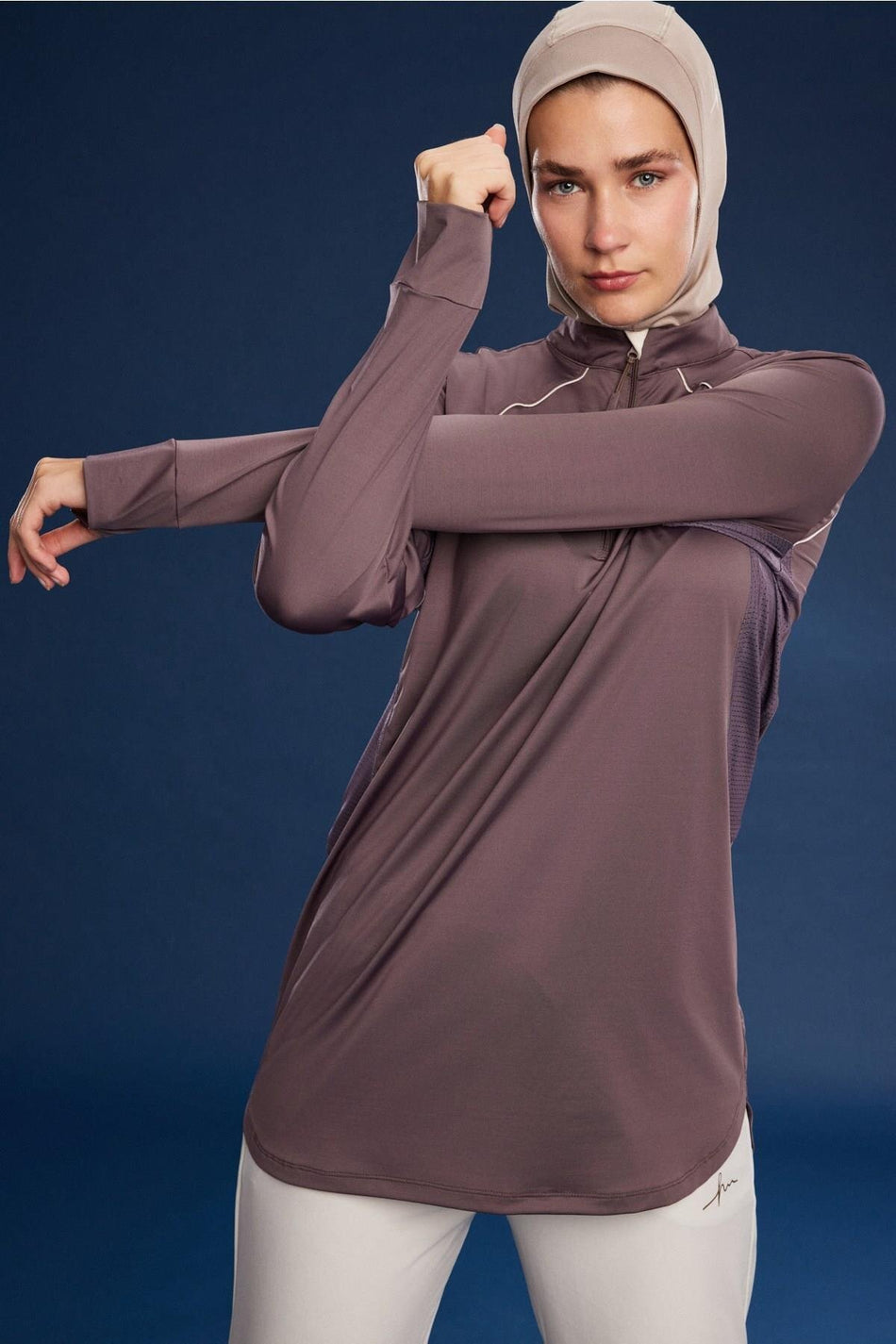 Hasema Active Piye Detailed Zippered Collar Purple Hijab Training Top ACT-34