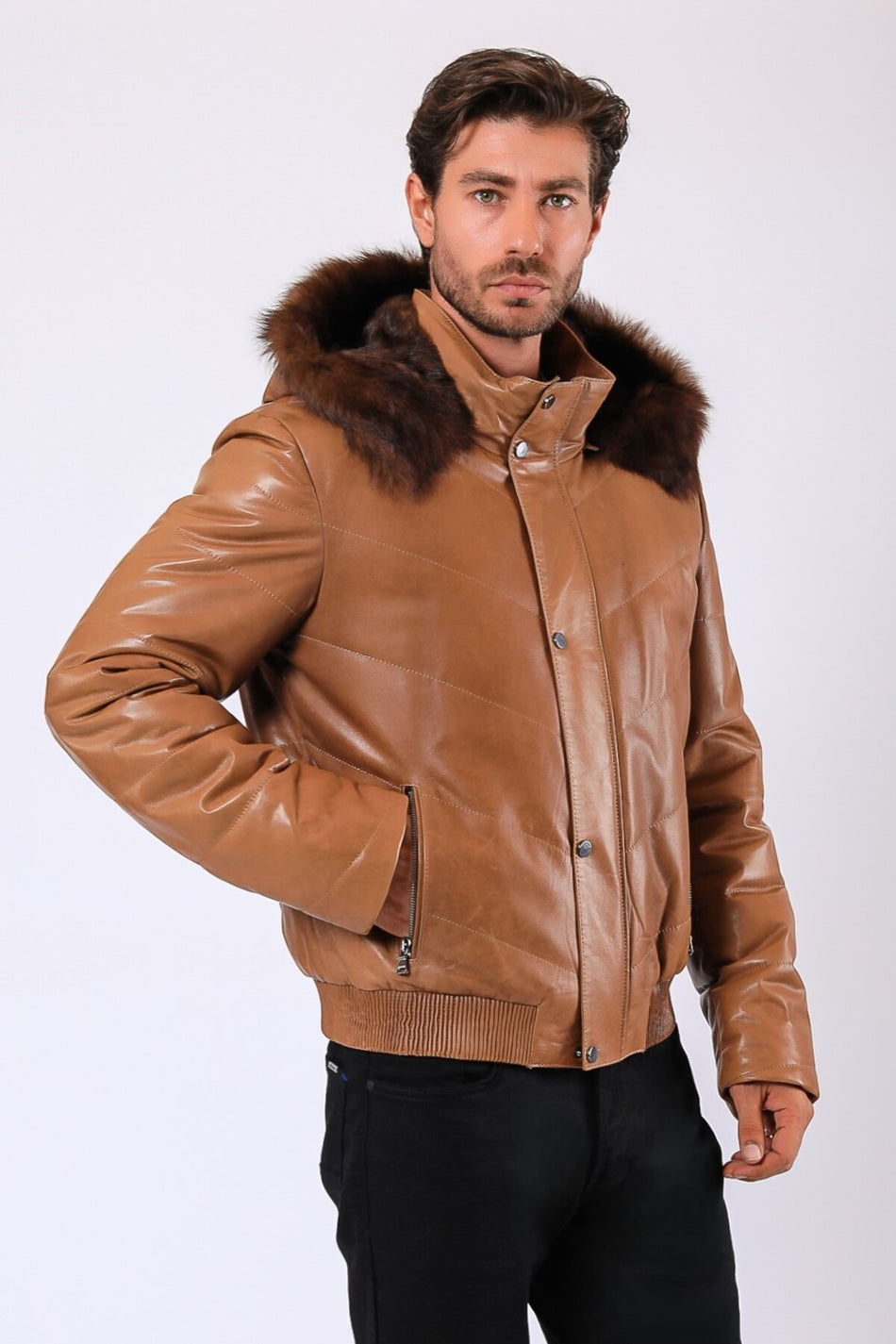 Leather Club lichtbruine Pedro-jas van echt leer met bontaccessoires