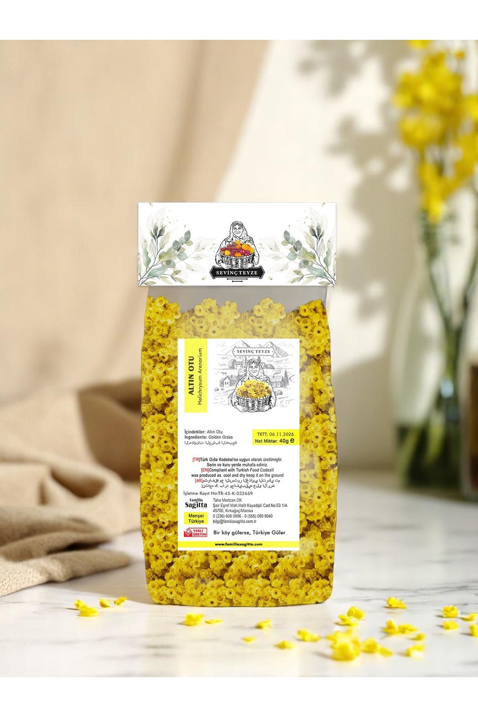 Vara-de-ouro, perpétua-amarela e sempre-viva-amarela biológicas da Tia Sevinc, Helichrysum arenarium, 40g