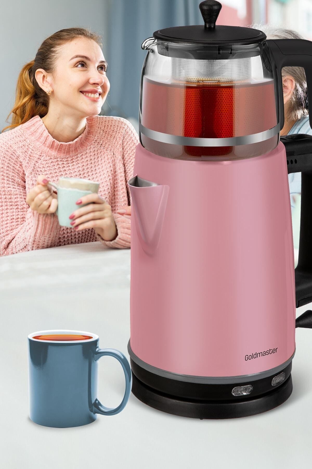 GoldMaster Dem Pearl Pink 2200 Watt XL Stainless Steel Tea Maker and Water Heater with Glass Pot - MALLTURK