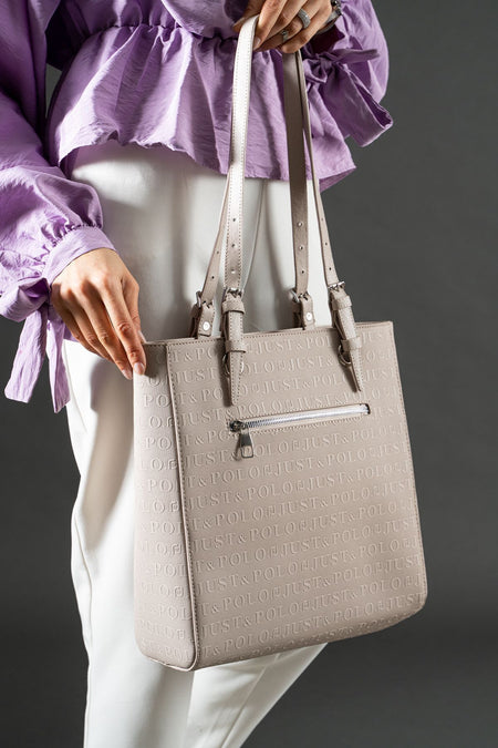 Just Polo Women's Embossed Print Oversized Shoulder Bag Gray JPM4067 - MALLTURK