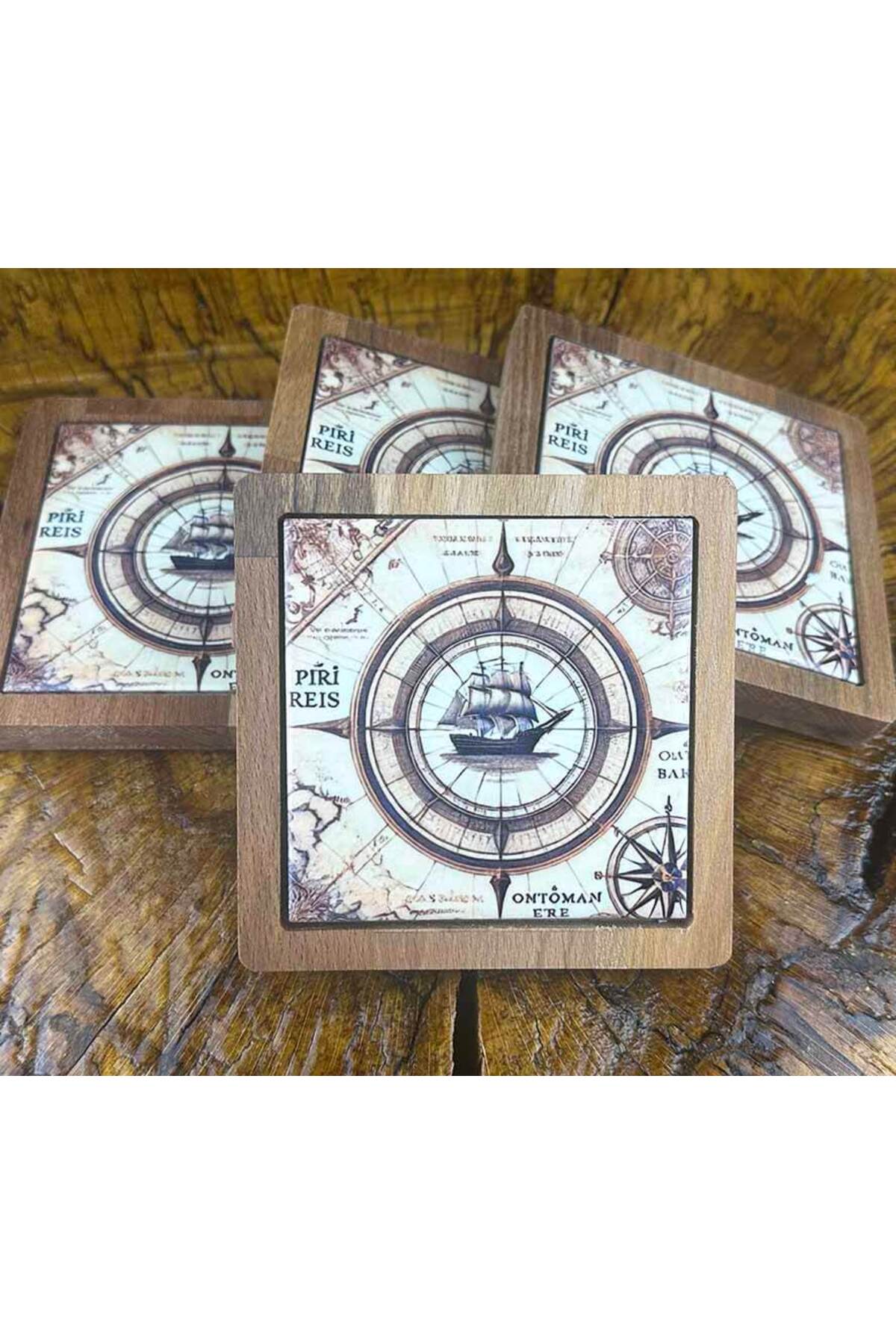 Cini Evi Piri Reis Patterned Wooden Coaster Set - MALLTURK