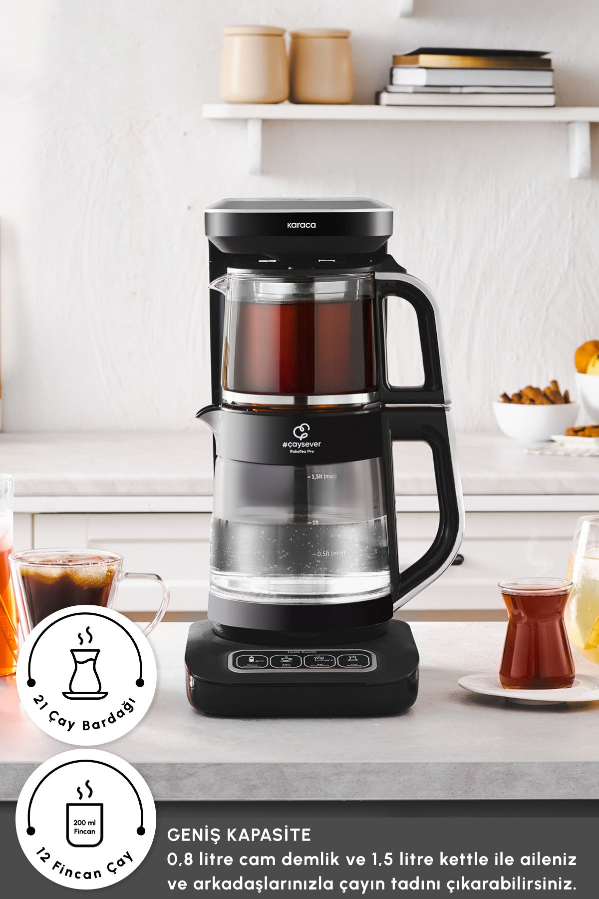 Karaca Tea Lover Robotea Pro Connect 4 in 1 Talking Glass Tea Maker Silver - MALLTURK