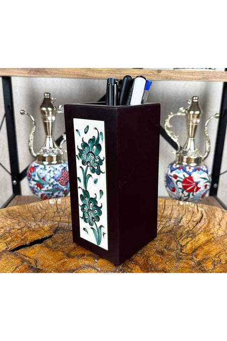 Cini Evi Lotus Elegance Iznik Tile Wooden Pen Holder - MALLTURK