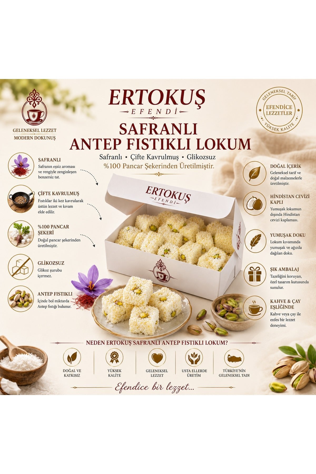 Ertokus Efendi safranli Extra Pistachio Turkish Delight Double Roasted 100 Beet Sugar 250 g - MALLTURK