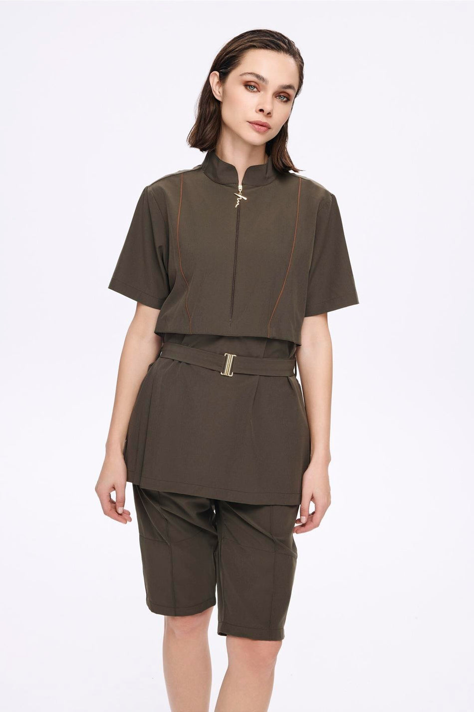 Khaki 5-Piece Semi-Closed Swimsuit Set with Belt Buckle Detail 5047