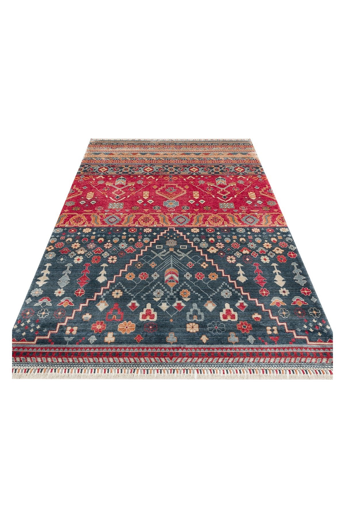 Vog Hali Efsun Handmade Navy Blue Lyocell Special Loom Modern Usak Patterned Fringed Living Room Carpet - MALLTURK