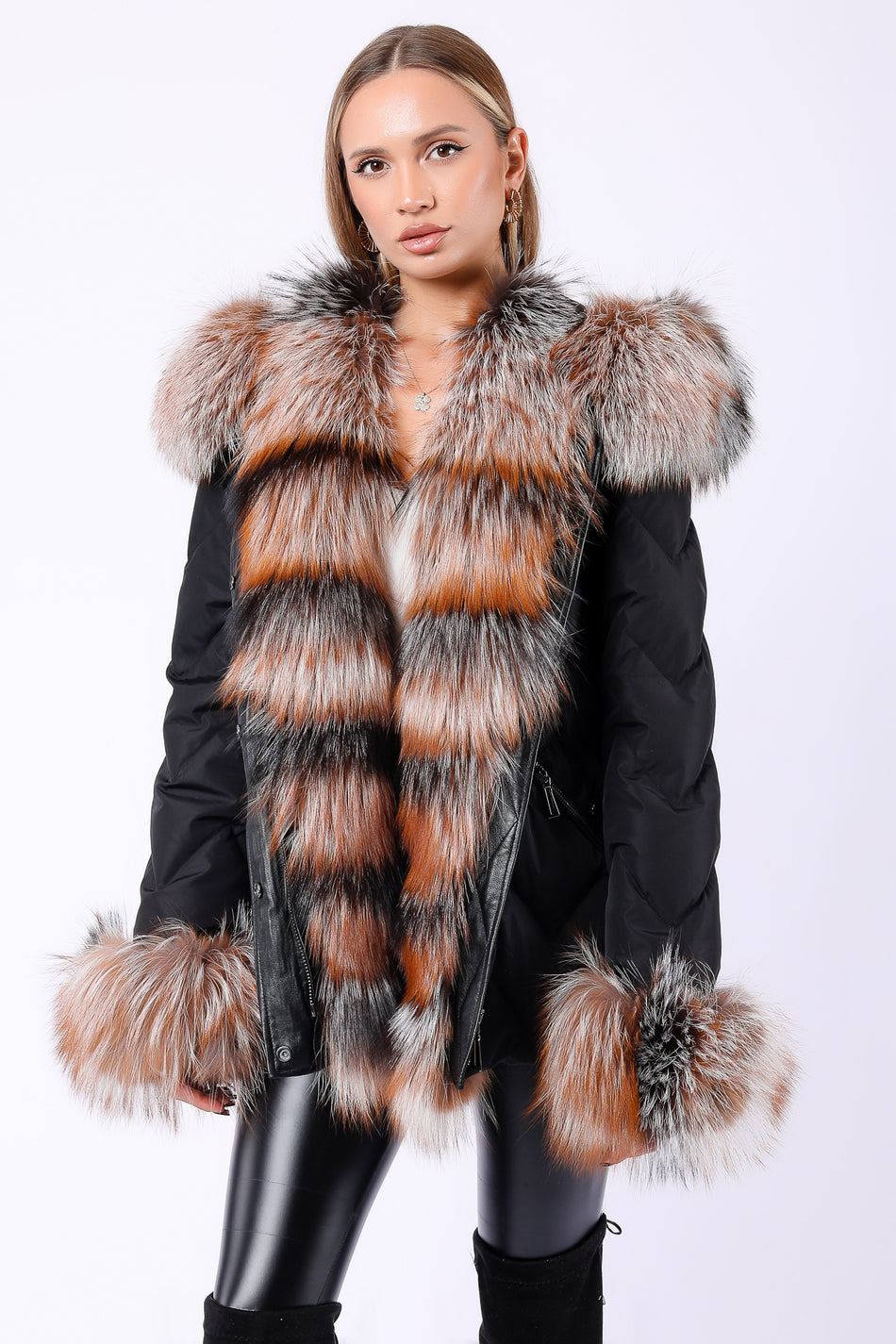 Leather Club Black Natural Fox Trimmed Fiber Puffer Coat