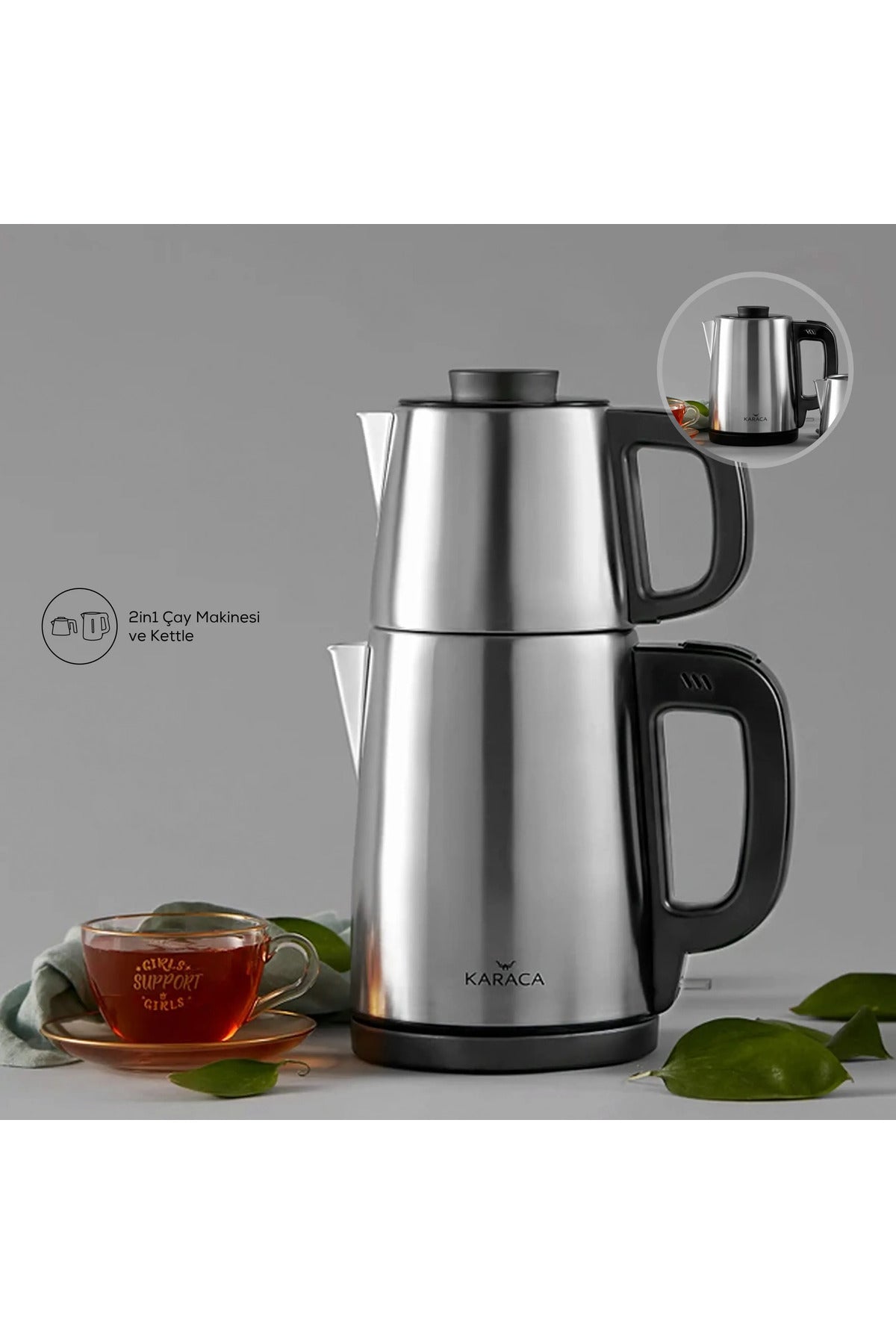 Karaca 2-in-1 Stainless Steel Family Size 2.75 liter Capacity Water Heater and Tea Maker, inox Black - MALLTURK