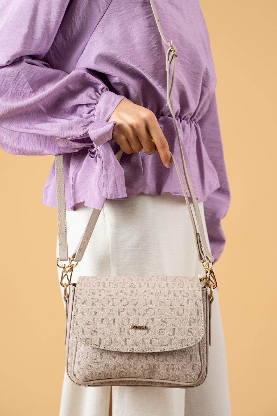 Just Polo Women's Cream Two-Strap 3-Compartment Shoulder and Crossbody Bag JPS2185 Stone - MALLTURK