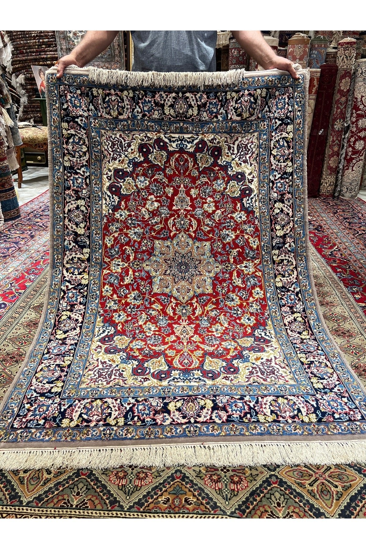 RD RAMAZAN DAG Hand Rug Art Hand-Woven Iranian Isfahan Rug Silk Wool Blend Collector Piece Size 170x112 - MALLTURK