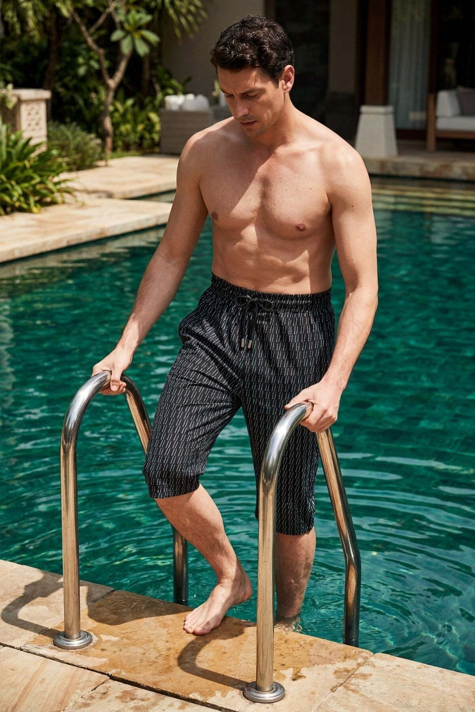 Hasema Polka Dot Patterned Black Long Men's Pool and Beach Shorts 6010