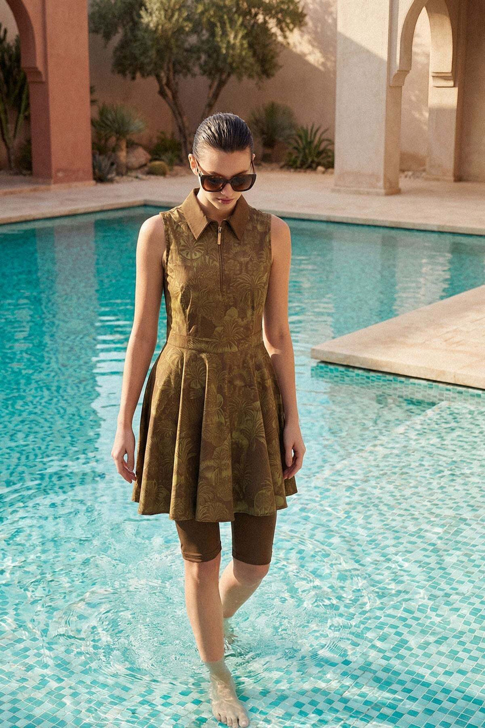 Hasema Vaha Collection Patterned Shirt Collar Green 4-Piece Semi-Closed Swimsuit Set 5093 - MALLTURK