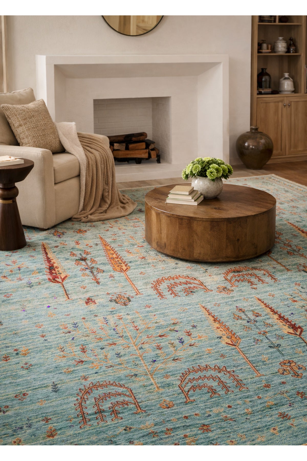 Vog Hali Efsun Handmade Turquoise Color Lyocell Special Loom Ethnic Usak Pattern Fringed Living Room Carpet - MALLTURK