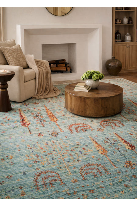 Vog Hali Efsun Handmade Turquoise Color Lyocell Special Loom Ethnic Usak Pattern Fringed Living Room Carpet - MALLTURK