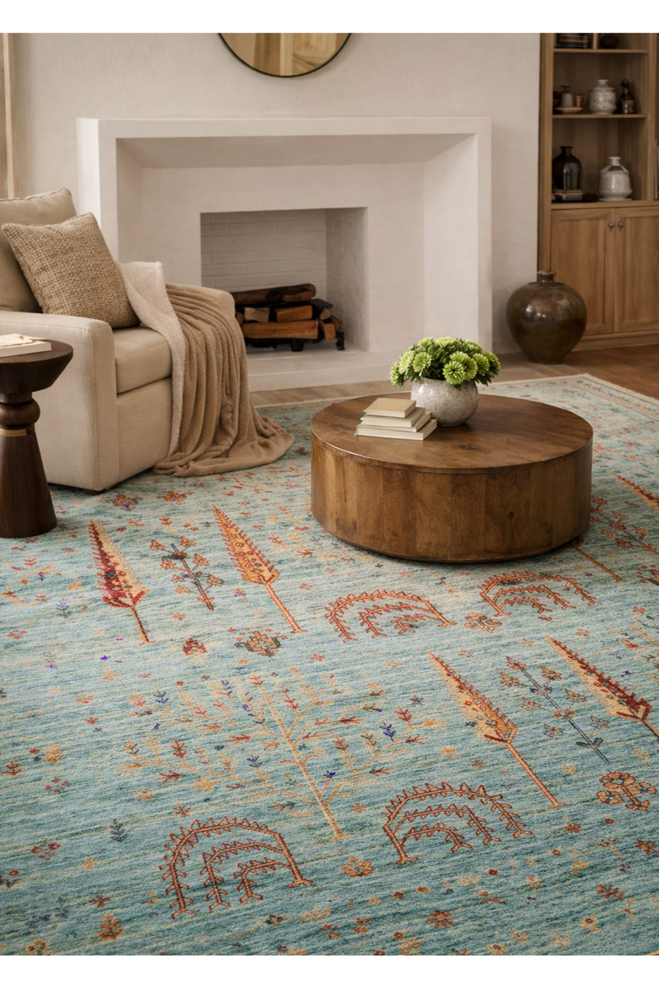 Vog Hali Efsun Handmade Turquoise Color Lyocell Special Loom Ethnic Usak Pattern Fringed Living Room Carpet - MALLTURK