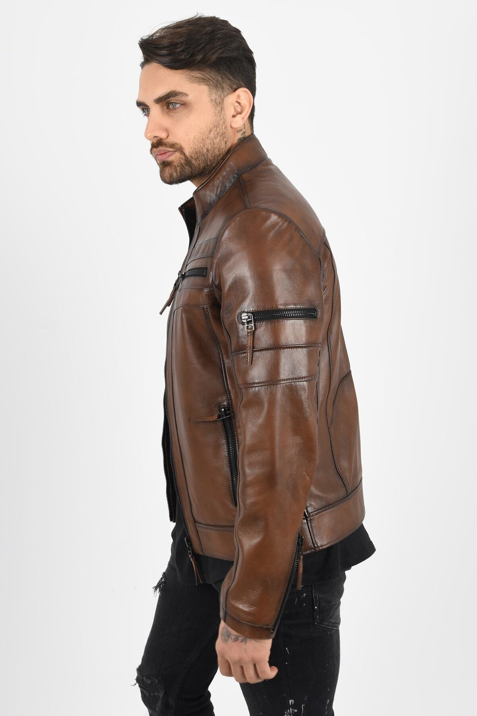 ALIN Men's Shaded Brown Leather Jacket