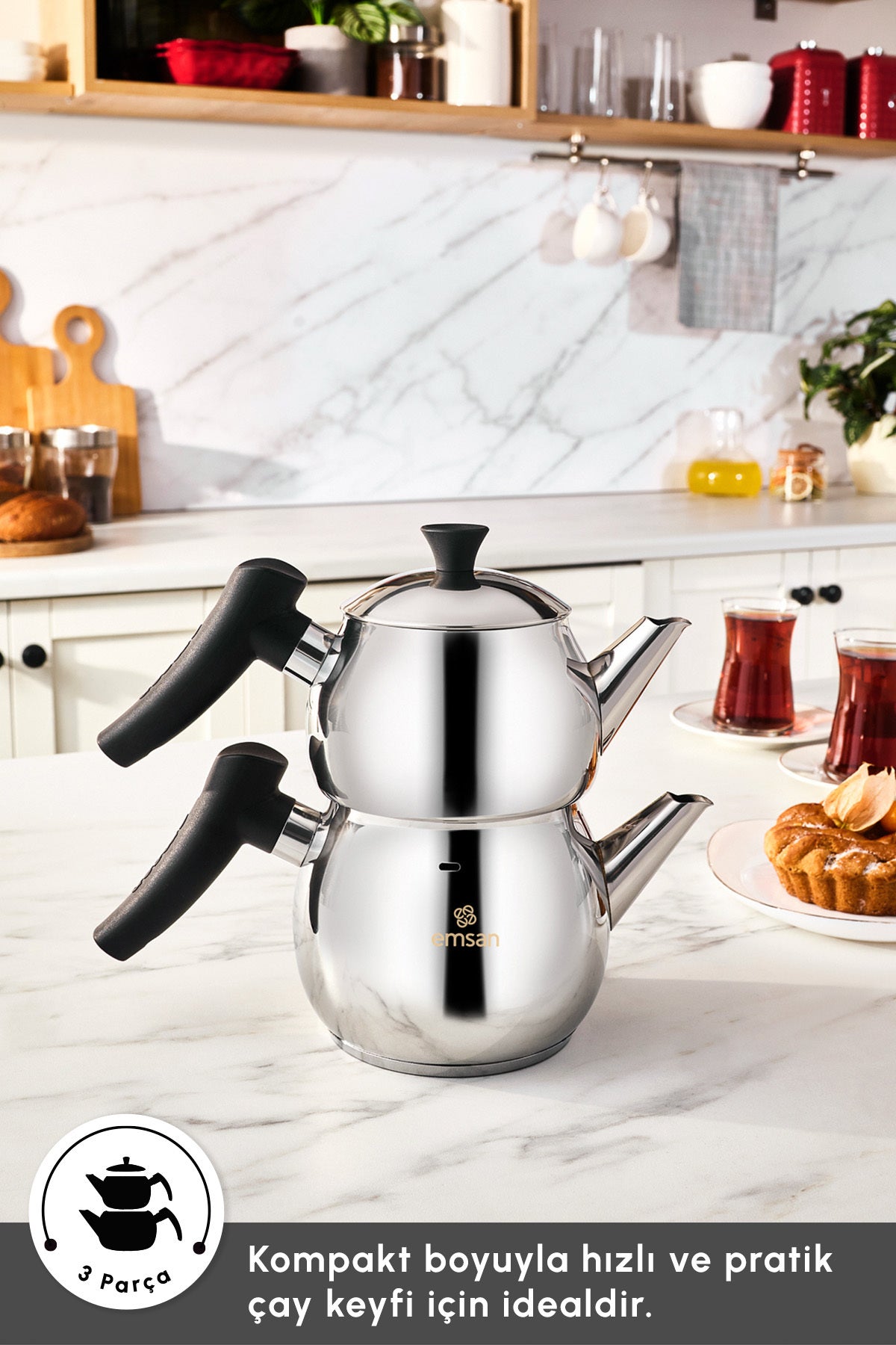Emsan Alim Mini size Stainless Steel Teapot Set - MALLTURK