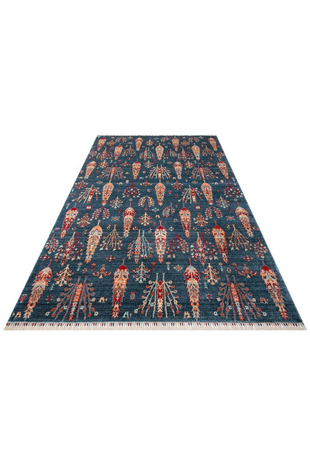 Eko Hali Zara Zr08 Navy Turquoise Authentic Patterned Modern Usak Carpet, Handcrafted on Special Looms. - MALLTURK