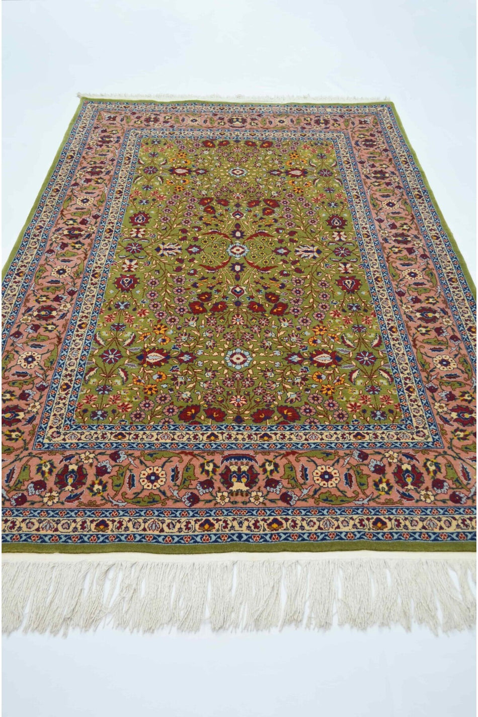 Handmade Seven Mountain Flowers Patterned Pink and Green Handwoven Hereke Rug 138x204 cm (2.82 m²) - MALLTURK